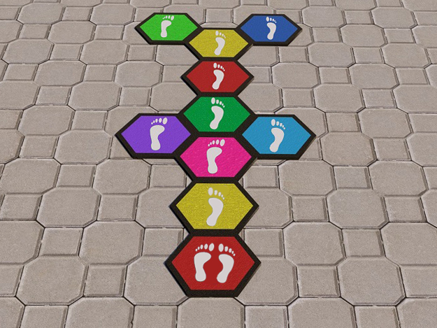 KAUÇUK KARO SEKSEK OYUN TAKIMI VE FİZİKSEL BECERİ OYUN TAKIMI MODELLERİ / 61500 - 08 Kauçuk Karo Adımlı Altıgen Seksek Oyun Takımı(Özel Seri /Renkli)